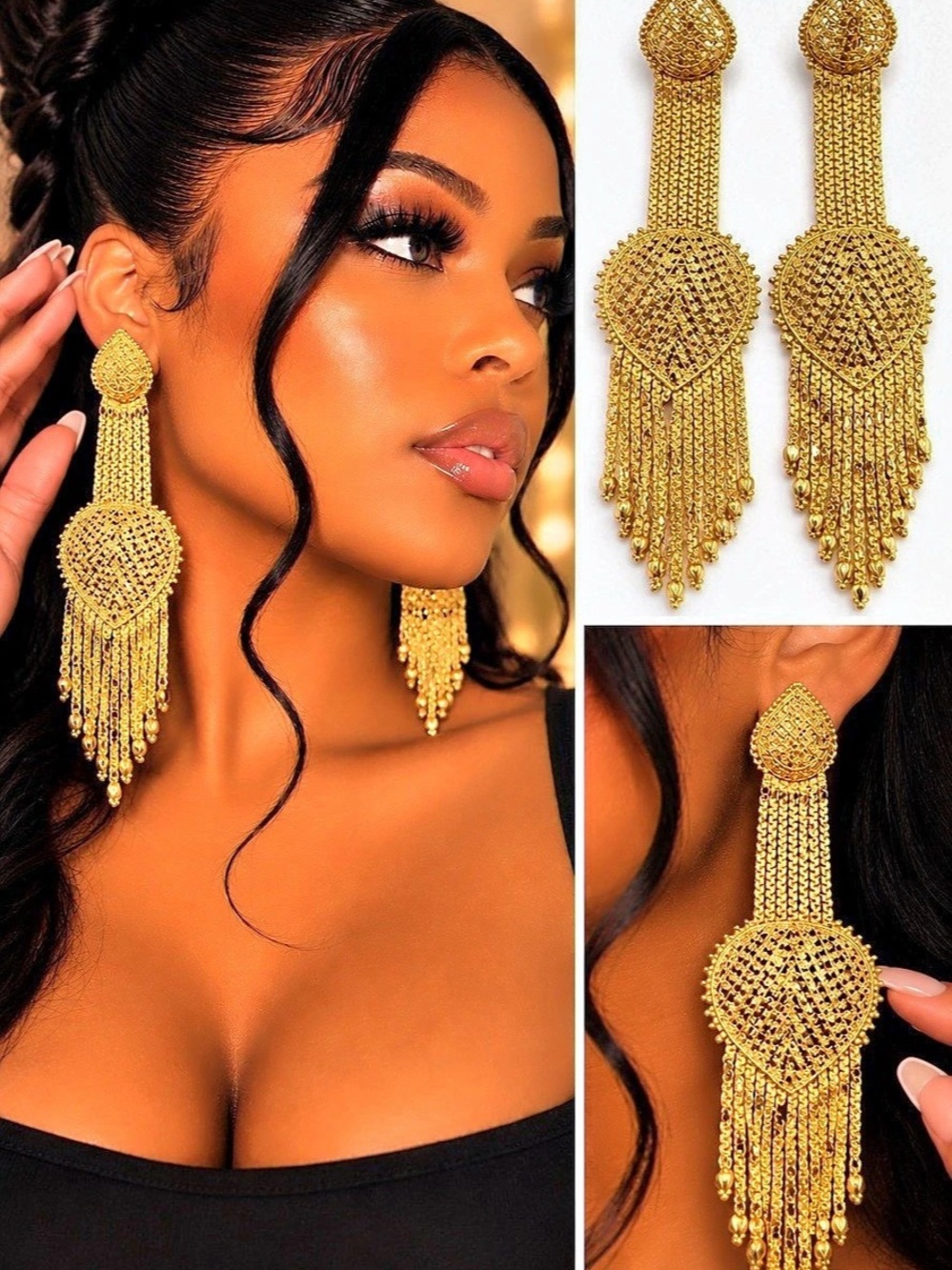 Gold Tone Long Tassel Dangle Earrings Filigree Statement Drop Earrings Womens
